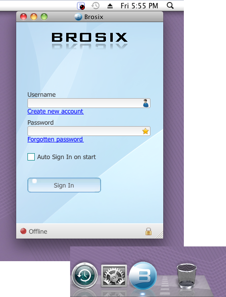 Brosix application on Mac screen, along with the icon in both the dock and the menu bar. Brosix application on Mac screen, along with the icon in both the dock and the menu bar.