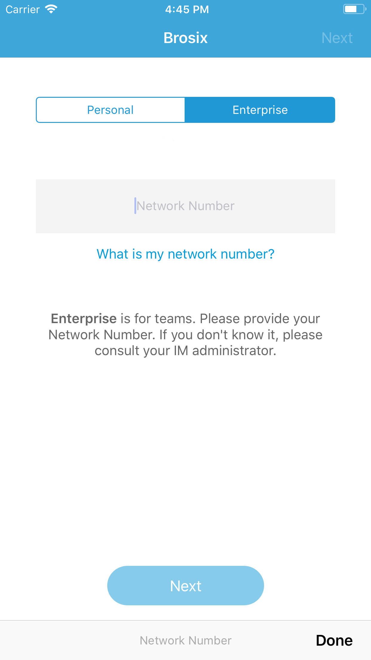 Brosix Login Form on iPhone