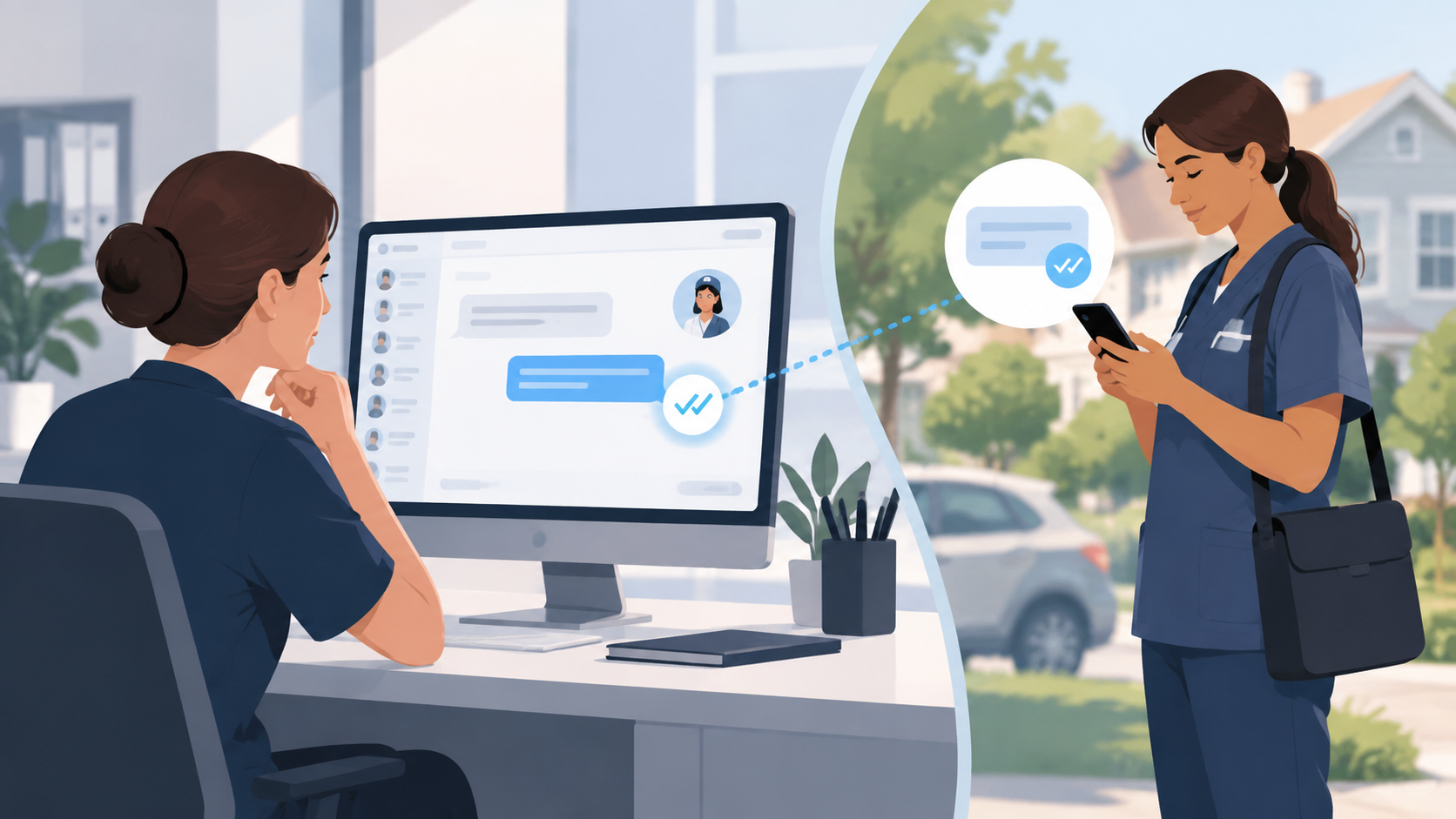 Home health clinicians using Brosix on mobile and office staff using Brosix on desktop