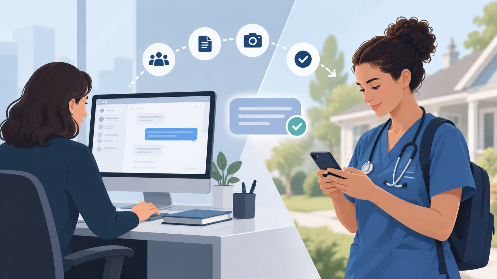 Brosix messaging connecting home health clinicians on mobile with office staff on desktop