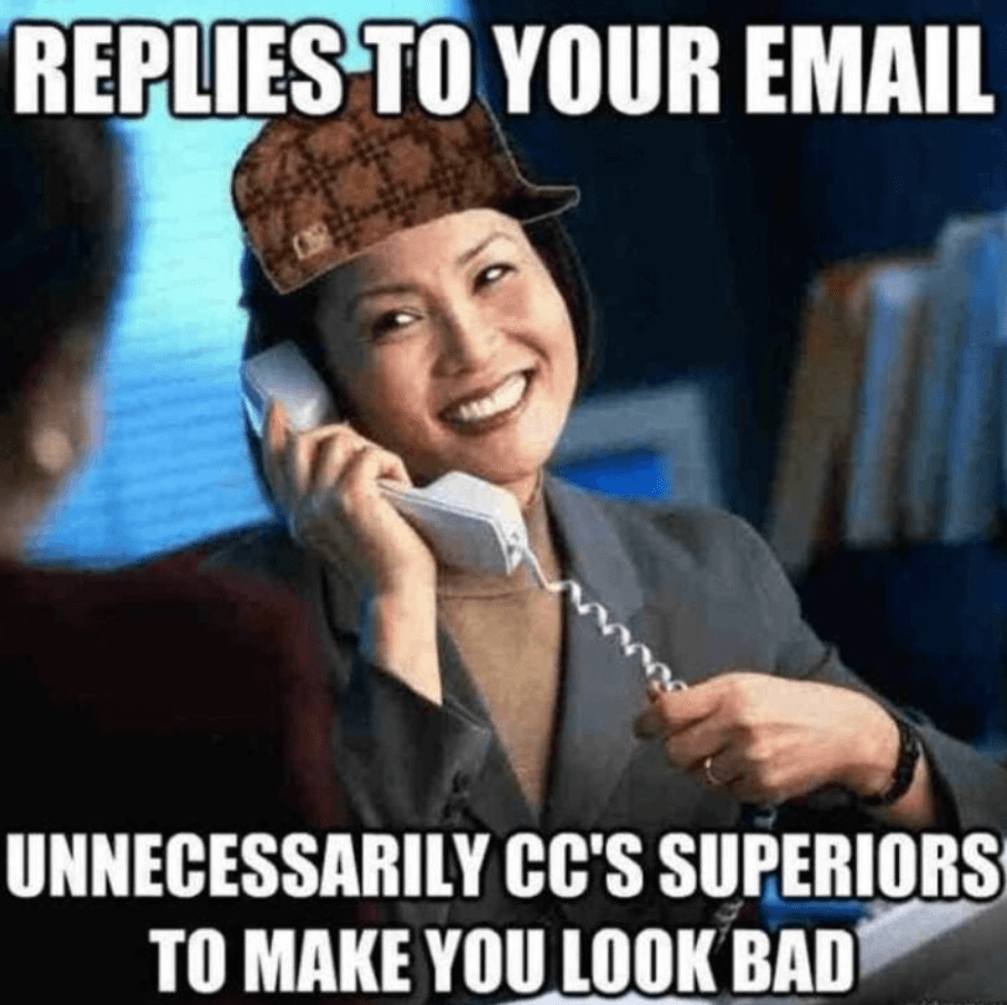 replies to your email, unnessarily cc's supervisors to make you look bad